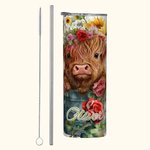 Personalizzato Highland Cow Rose and Sunflower Design 20oz Tumbler Nome Travel Coffee Cup Compleanno Regalo di Natale per gli amanti delle mucche High