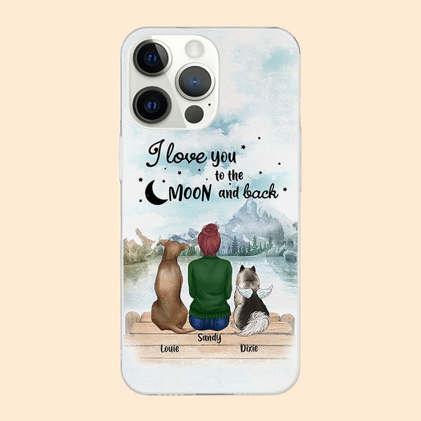 Custodia per telefono personalizzata I Love You To The Moon And Back Mountain and River Regalo di compleanno per gli amanti dei cani