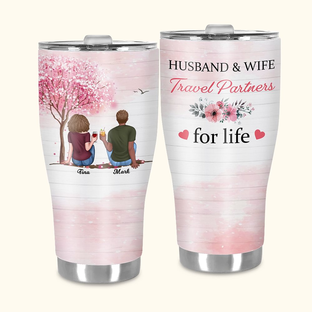 Cadeau de St Valentin personnalisé pour mari et femme, partenaires de voyage pour la vie, avec paille et arbre rose.