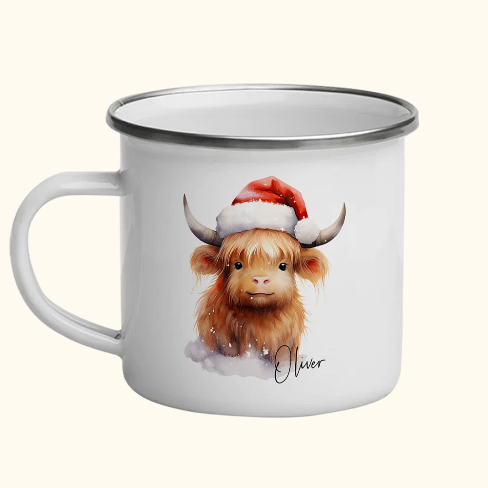 Tazza personalizzata Highland Cow Scottish Cow Enamel Mug 11oz Regalo di Natale per le donne Baby Cow Lover