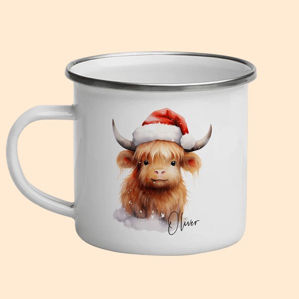 Tasse 330ml Personnalisée avec Motif de Vache Highland et Nom Cadeau de Noël pour Femmes Hommes