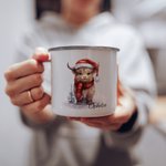 Personalised Highland Cow Scottish Cow Enamel Mug 11oz Cup Christmas Gift for Women Baby Cow Lover