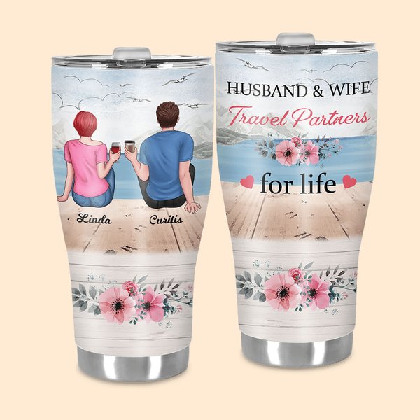 Henkilökohtainen aviomies ja vaimo Travel Partners for Life 30oz nimet kaareva Tumbler oljen kanssa Anniversary Valentine's Day lahja pariskunnalle