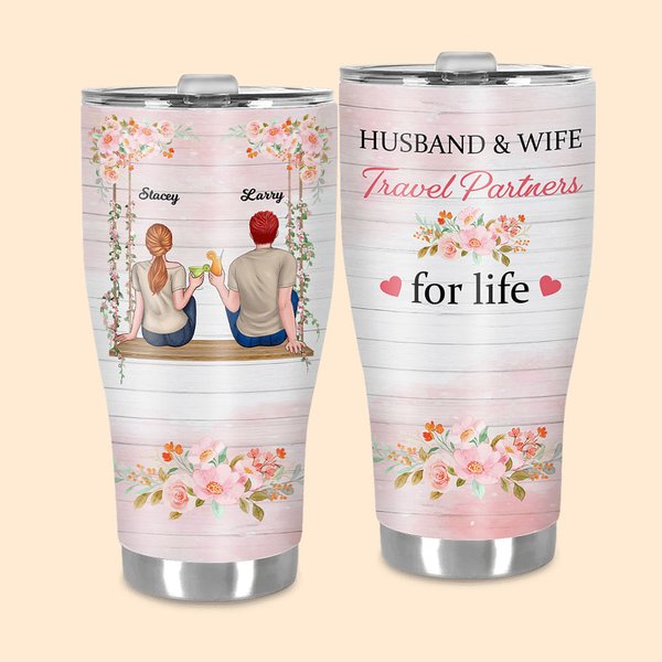 Cadeau personnalisé pour mari et femme, partenaires de voyage pour la vie, avec paille et verre bombé 30oz Cadeau d'anniversaire pour couple