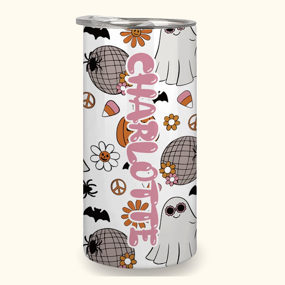 Gobelet 450ml Personnalisé avec Nom Style Fantômes Mignons Gobelet avec Couvercle Étanche Cadeau Halloween pour Enfant
