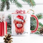 Personalised 11oz Highland Cow with Santa Hat Double-Sided Print Ceramic Mug Matching Coaster Available Christmas Gift for Cow Lovers Family