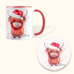 Personalised 11oz Highland Cow with Santa Hat Double-Sided Print Ceramic Mug Matching Coaster Available Christmas Gift for Cow Lovers Family