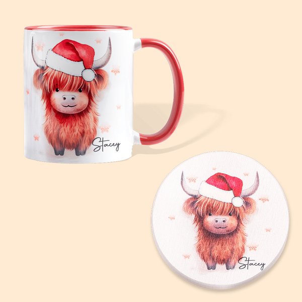Mug en Porcelaine 330ml Motif Boeuf Highland avec Bonnet Noël Tasse Personnalisé avec Nom Cadeau Noël Pour Famille Amis