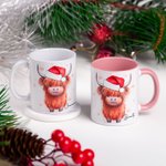 Personalised 11oz Highland Cow with Santa Hat Double-Sided Print Ceramic Mug Matching Coaster Available Christmas Gift for Cow Lovers Family
