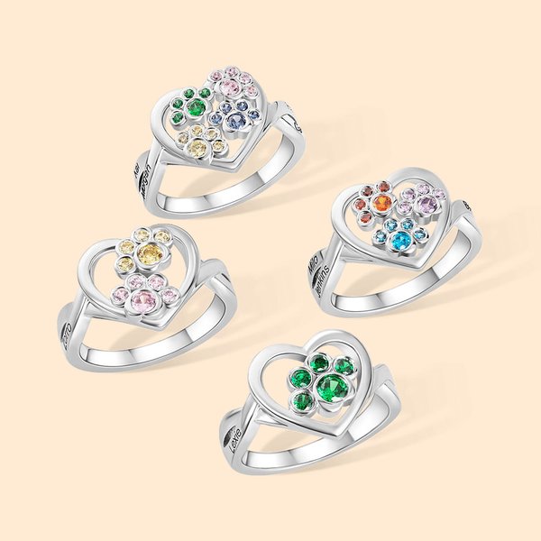Personalisierter 1-4 Pfote Ring mit Geburtsstein und Namen-Gravur Geschenk für Tier-Liebhaber