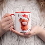 Personalised 11oz Highland Cow with Santa Hat Double-Sided Print Ceramic Mug Matching Coaster Available Christmas Gift for Cow Lovers Family