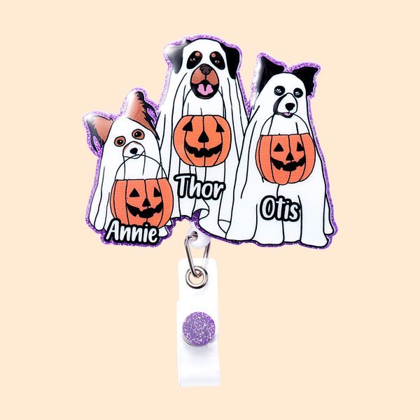 Personalisierte niedlichen Geist Hund Kürbis Abzeichen Reel Glitter Acryl Abzeichen Halloween Geschenk für Hundeliebhaber