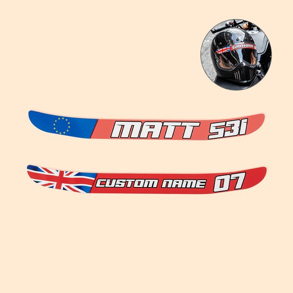 Juego personalizado de 2 pegatinas para visera de casco de moto con nombre, número, bandera y logotipo para amantes de los deportes de motor.