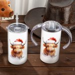 Personalisierte niedlichen Hochland Kuh mit Santa Hut 12oz Sippy Cup mit Griff und Deckel Weihnachten Baby Dusche Geschenk für Kinder