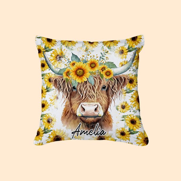 Personalizado lindo girasol Highland Cow Throw Pillow Home Decor con nombre Cumpleaños Regalo de Navidad para la familia Highland Cow Lover