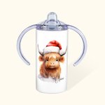 Personalisierte niedlichen Hochland Kuh mit Santa Hut 12oz Sippy Cup mit Griff und Deckel Weihnachten Baby Dusche Geschenk für Kinder