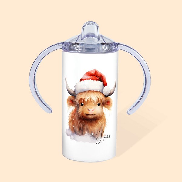 Personalisierte niedlichen Hochland Kuh mit Santa Hut 12oz Sippy Cup mit Griff und Deckel Weihnachten Baby Dusche Geschenk für Kinder