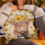 Personalizado lindo girasol Highland Cow Throw Pillow Home Decor con nombre Cumpleaños Regalo de Navidad para la familia Highland Cow Lover