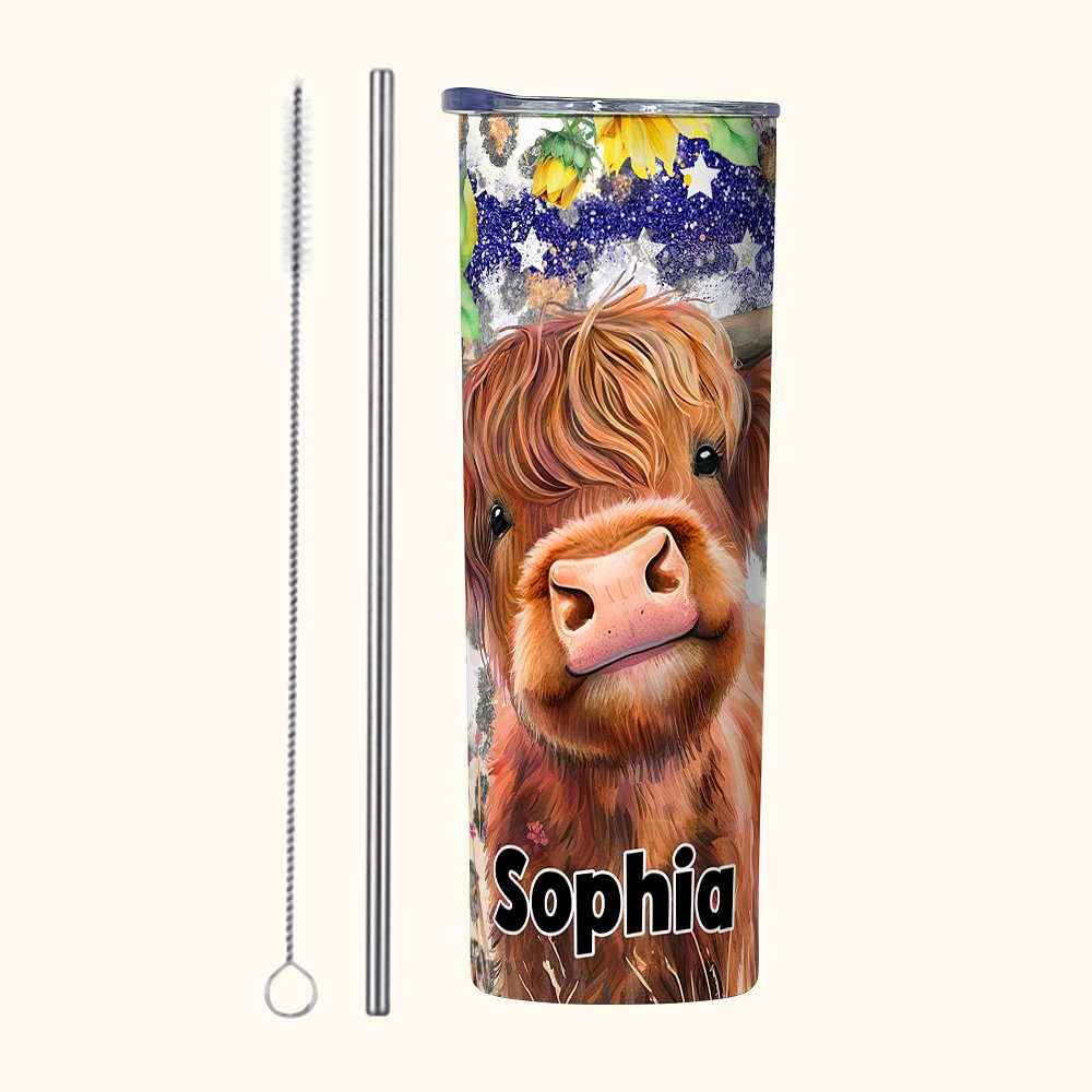 Gobelet personnalisé 20oz Highland Cow Sunflowers American Flag Design avec paille et brosse de nettoyage Cadeau d'anniversaire pour l'amoureux des va