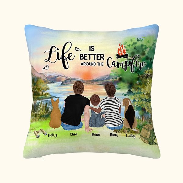 Funda de cojín de acampada familiar personalizada Amanecer La vida es mejor alrededor de la hoguera Regalo de cumpleaños Regalo de San Valentín