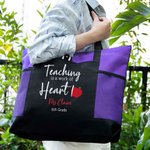 Personalizada La enseñanza es un trabajo de corazón Bolsa de asas con cremallera Gran capacidad Bolsa con estampado de manzanas Regalo de agradecimiento al profesor en Navidad