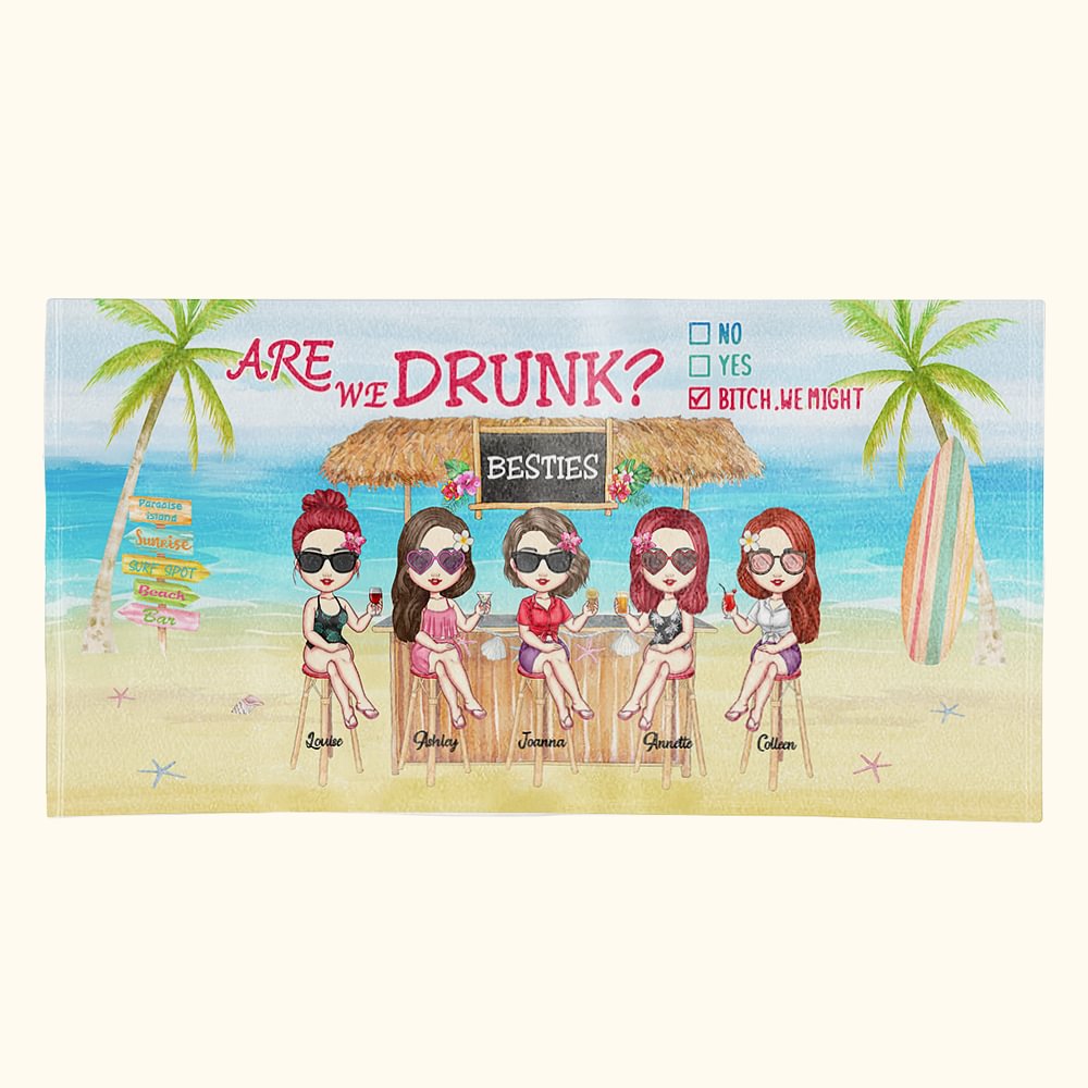 Personalizzato Amici che bevono un drink sulla spiaggia. Regali di compleanno per amici in asciugamano da spiaggia