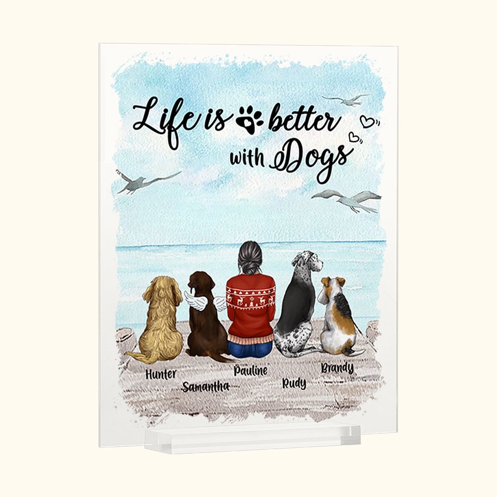 Plaque en Acrylique Personnalisée avec Vues de Dos Personnage et Chiens Life Is Better With Dogs Cadeau Anniversaire Fête pour Amoureux de Chien