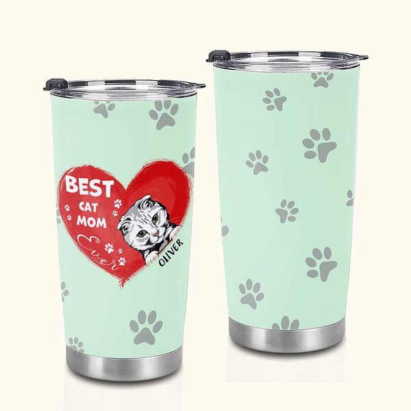 Gepersonaliseerde Beste Kat Mam Hart Huisdier Paw Print 20oz Tumbler Naam Tumbler met Deksel Verjaardagscadeau voor Pet Lover