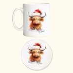 Personalized Christmas Highland Cow Mug with Coaster Christmas Gift Birthday Gift Baby Welcome Party Gift for Highland Cow Lover Kid Friend