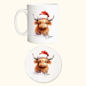 Personlig jul Highland Cow-mugg med underlägg Julklapp Födelsedagspresent Baby Welcome Party Present till Highland Cow-älskare Barnvän