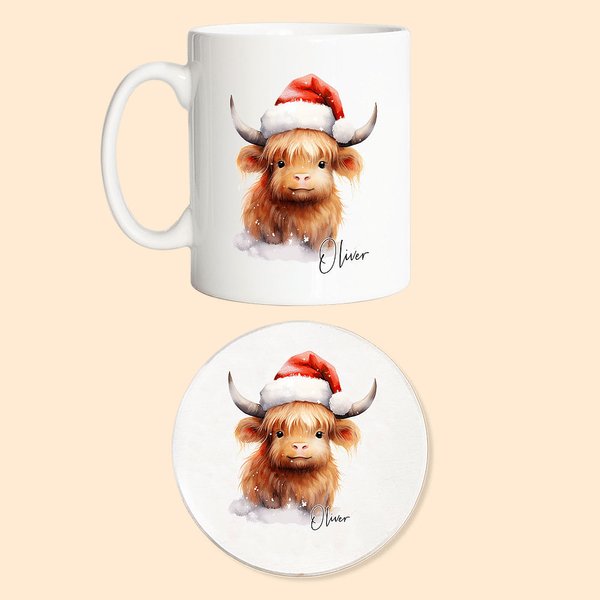 Tasse avec Dessous de Verre Personnalisée avec Nom et Vache de Highland Cadeau de Noël Anniversaire Baby Shower pour Enfant Amis