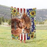 Personalised Highland Cow American Flag Sunflower Blanket Gift for Highland Cow Lovers