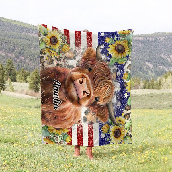 Highland Cow American Flag Sunflower Blanket
