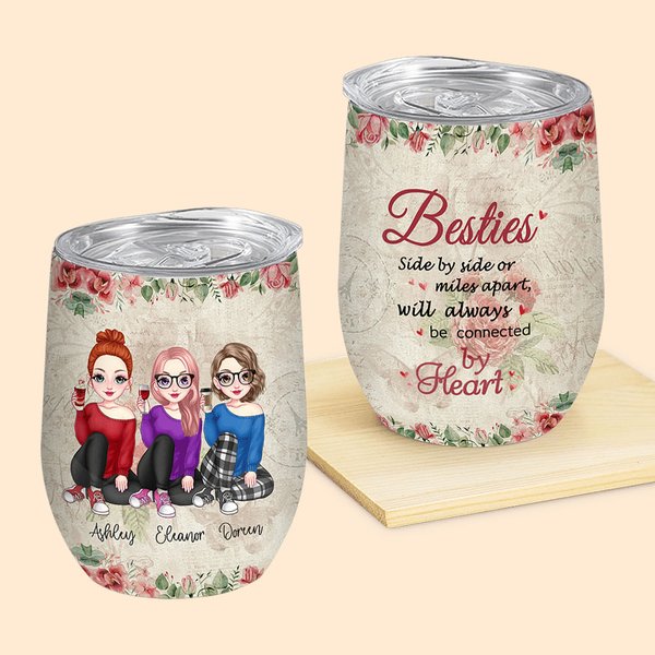 Gepersonaliseerde Retro stijl Besties Will Always Be Connected By Heart 12oz Wine Tumbler Gift voor zussen