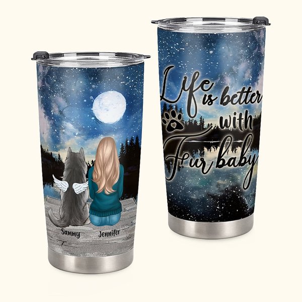 Henkilökohtainen Life Is Better with Fur Baby 20 oz ruostumattomasta teräksestä valmistettu lasipullo, jossa on nimi Täydellinen syntymäpäivä koiran ystäville