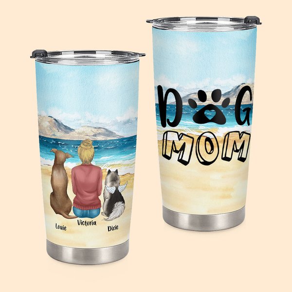 Citation Personnalisée Maman/Papa Chien Paysage de Plage Tumbler 20oz avec Nom Anniversaire Noël Cadeau pour les Amoureux des Chiens