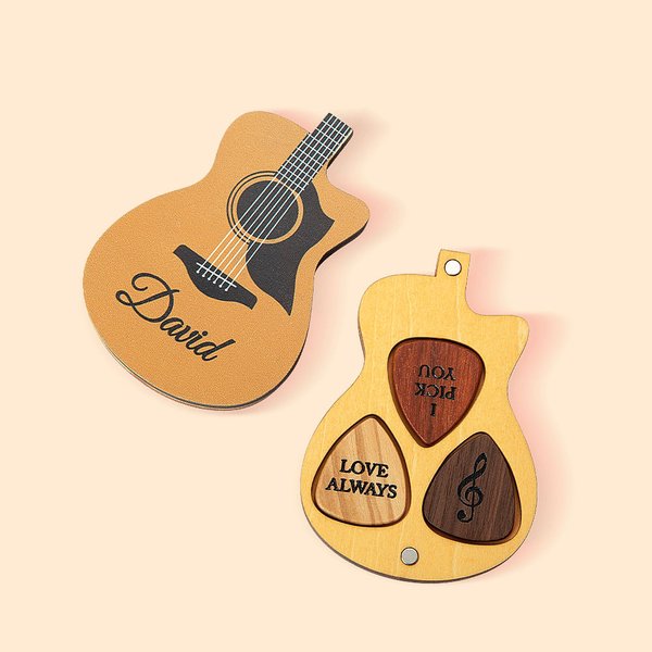Wooden Guitar Picks & Holder Box Engraved Birthday Gift