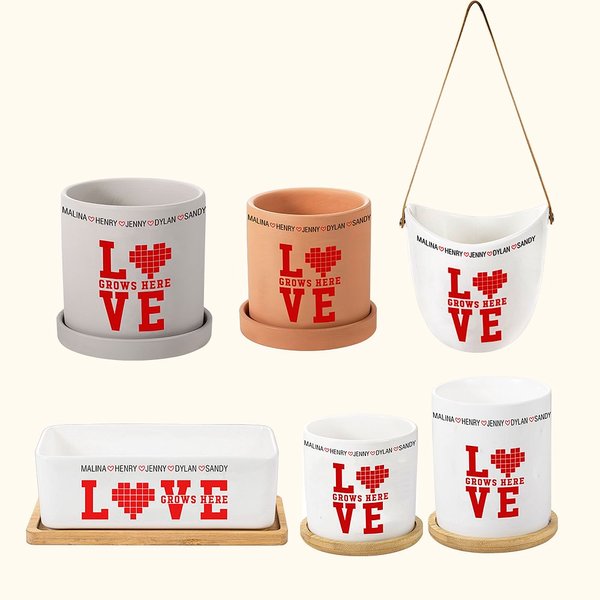 Personalised Love Grows Here Flower Pot with 1-10 Names Grandparents Day Thanksgiving Birthday Gift for Grandparents Mother