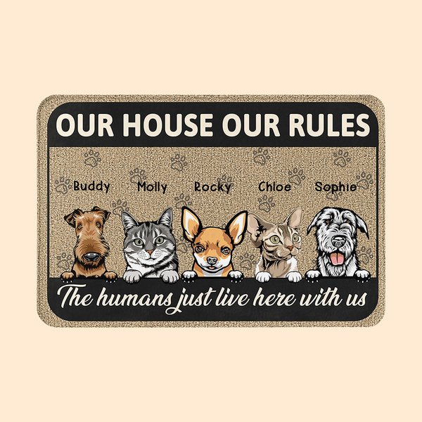 Personlig My House My Rules Pet Welcome Door Mat Morsom innflyttingsgave til katt, hund og kjæledyrelskere
