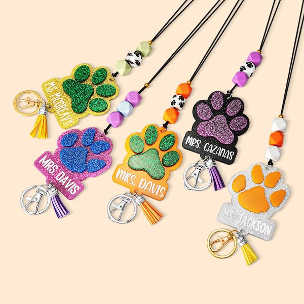 Personalised Glitter Paw Print ID Badge Lanyard with Beads Tassels Appreciation Gift for Teacher Pet Lover
