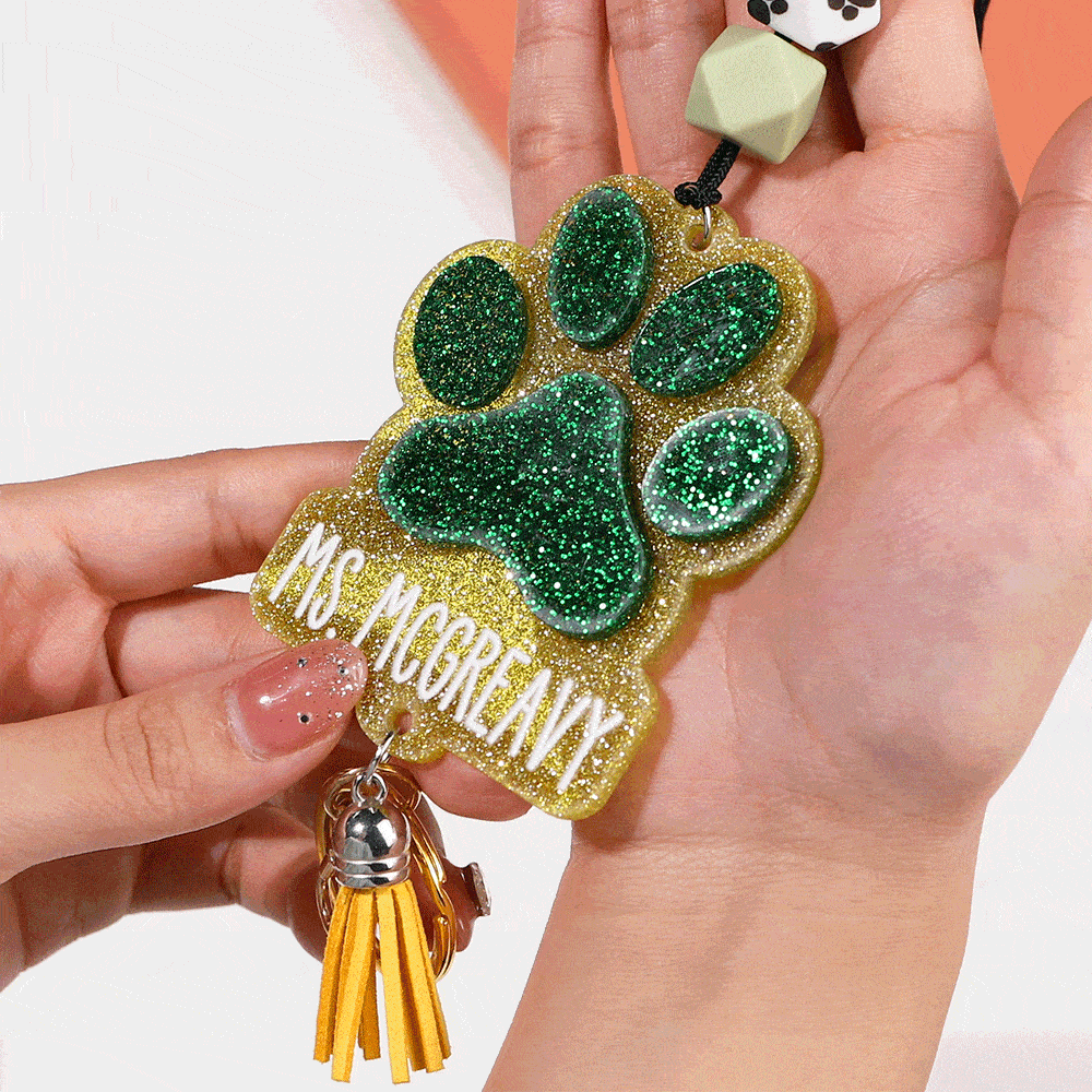 Personalized Glitter Paw Print ID Badge Lanyard with Beads Tassels Appreciation Gift for Teacher Pet Lover