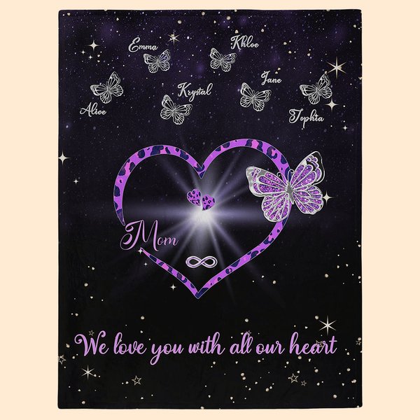 Couverture Personnalisée avec 1-9 Noms Motif Cœur Papillons Thème We Love You with All Our Heart Cadeau Anniversaire Fête des Mères pour Maman