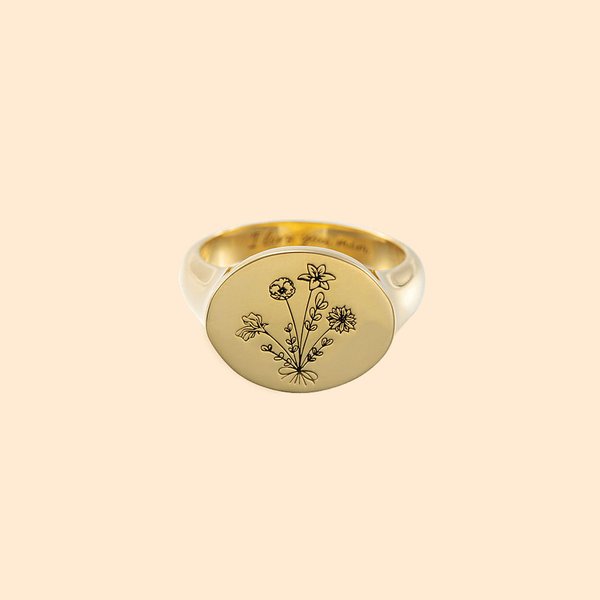 Bague Chevalière Personnalisée avec Fleur de Naissance et Texte Gravé Cadeau d'Anniversaire de Noël pour Elle