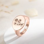 Bague Chevalière Personnalisée avec Fleur de Naissance et Texte Gravé Cadeau d'Anniversaire de Noël pour Elle
