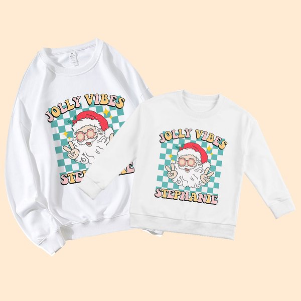 Personalisierte Weihnachtsmann Cartoon Weihnachten Plaid Design Erwachsene oder Kinder Sweatshirt Weihnachtsgeschenk für Familie oder Freund