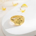 Bague Chevalière Personnalisée avec Fleur de Naissance et Texte Gravé Cadeau d'Anniversaire de Noël pour Elle