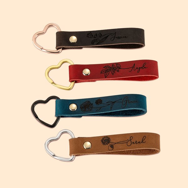 Personalised Retro Leather Birth Flower Keychain with Engraved Name Christmas Birthday Wedding Gift for Her