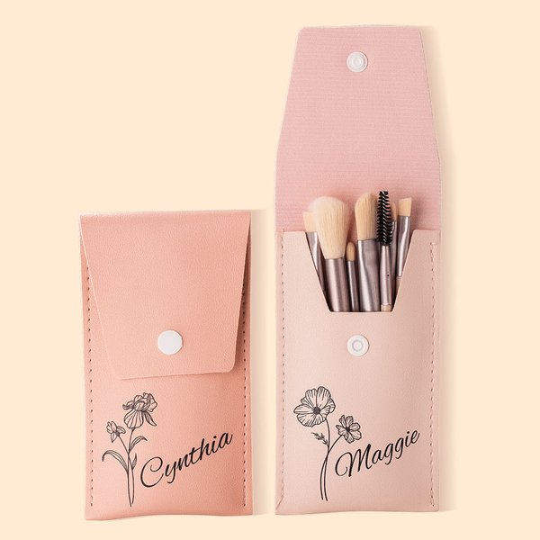 Personalized Birth Flower Makeup Brush Bag with 8 Pcs Makeup Brushes Birthday Wedding Christmas Gift for Girlfriend Mother Friend