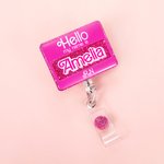 Gepersonaliseerde Hello My Name Is Acryl Badge Reel Candy stijl Glitter ID-kaart intrekbare badge Clip geschenk voor leraar verpleegster roze pop fans