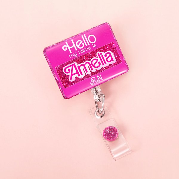 Hello My Name Is Acrylic Badge Reel Glitter ID Retractable Badge